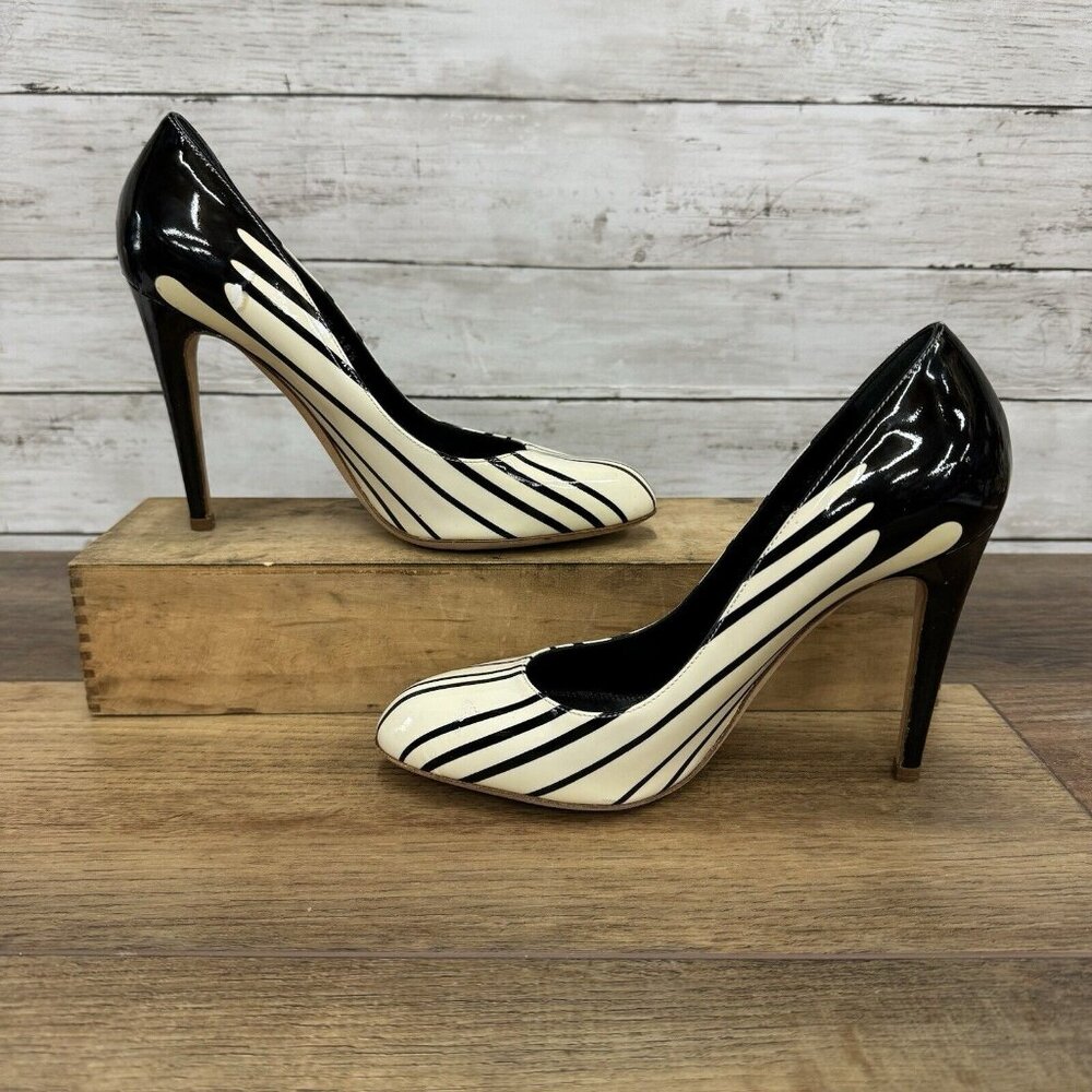 sergio rossi shoes size 38.5 black & cream striped drip patent leather pumps